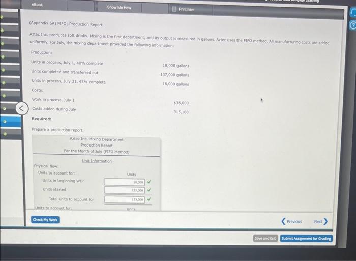  (Appendix 6A) FIFO: Production Report Aztec Inc. producos soft drinks, Mixing