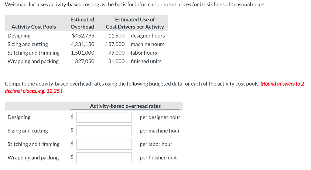  Weisman, Inc. uses activity-based costing as the basis for information to