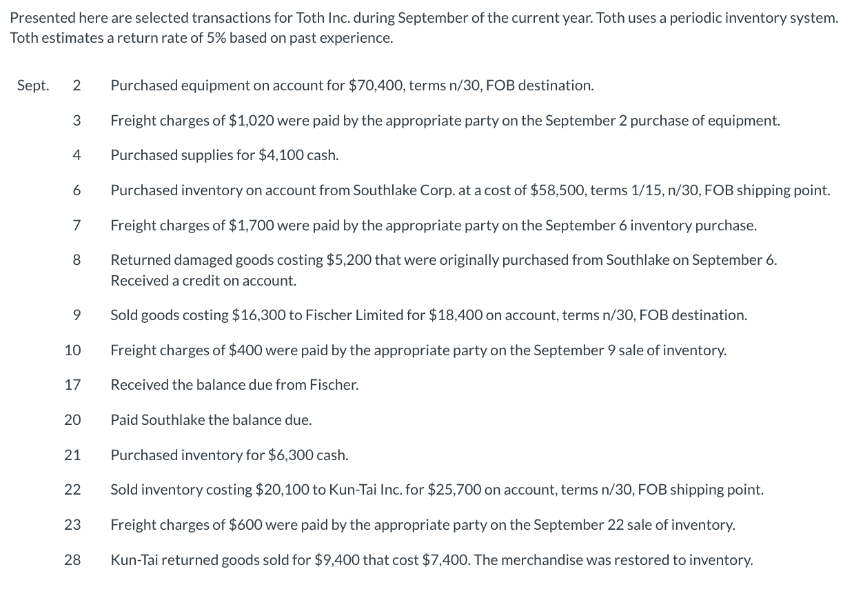 Presented here are selected transactions for Toth Inc. during September of