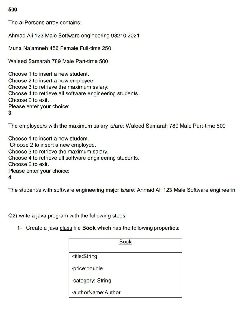 equals(Person p):boolean (it will check the equality of any two persons according