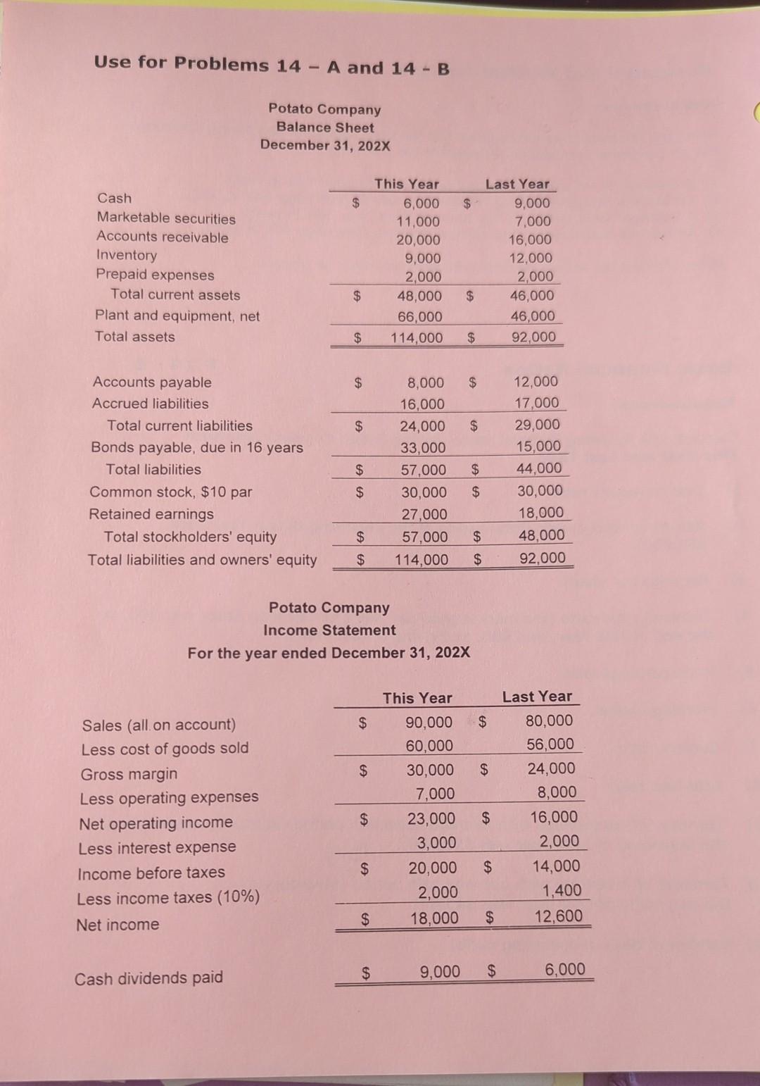 given (on the next page), for the Potato Company, use an electronic