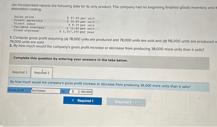 its only product. The company had no beginning finished goods inventory and