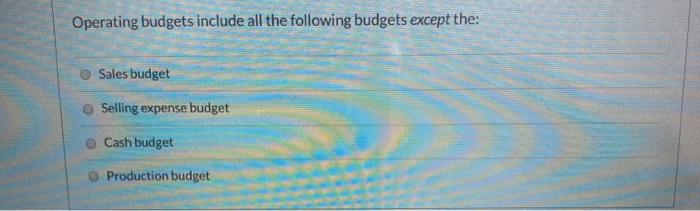  Operating budgets include all the following budgets except the: Sales budget