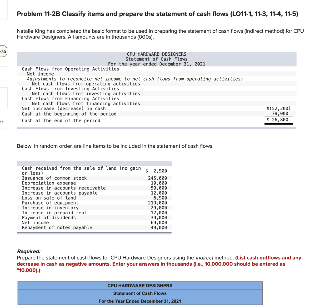  Problem 11-2B Classify items and prepare the statement of cash flows