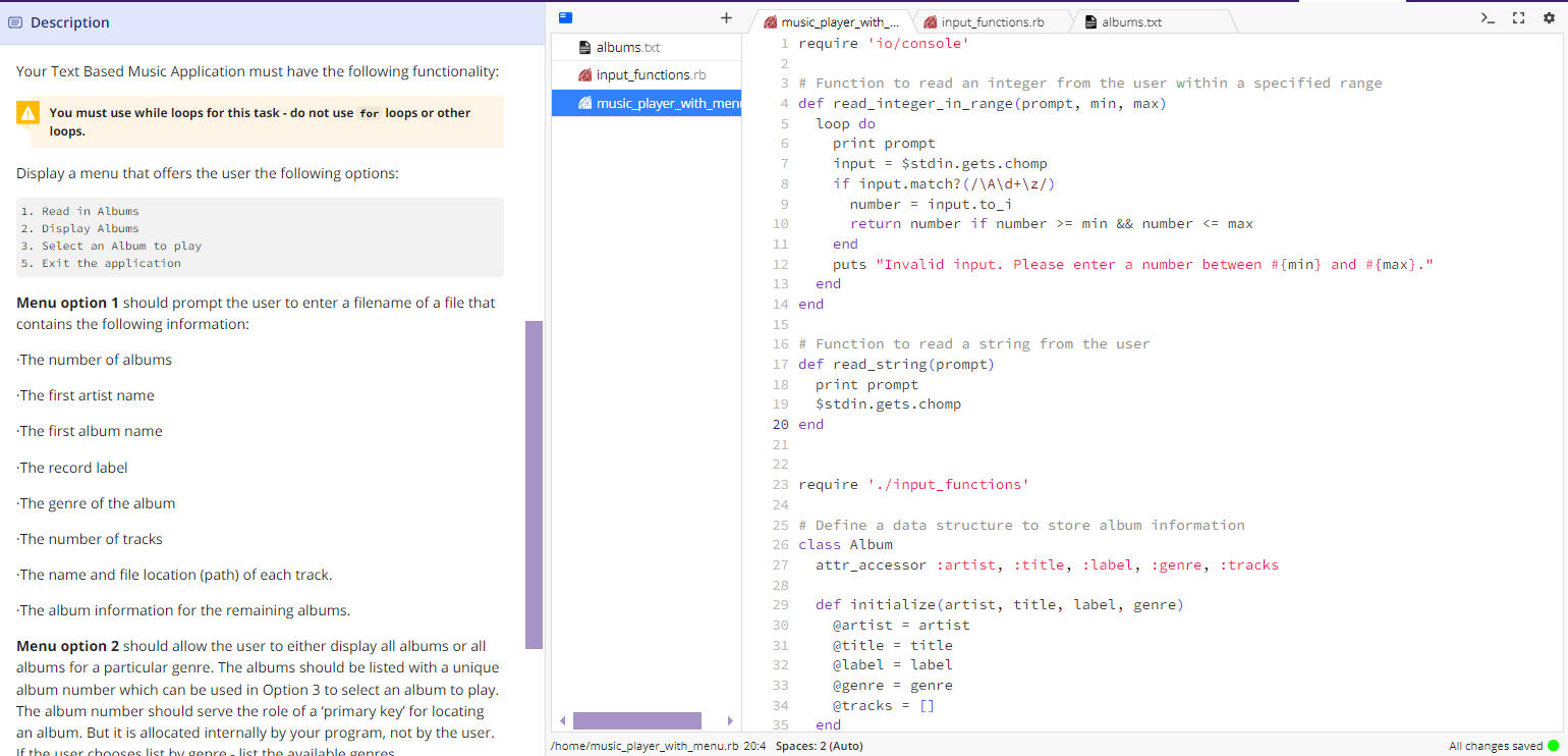  Your Text Based Music Application must have the following functionality: You