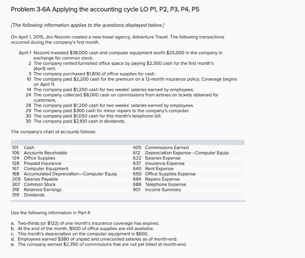  Problem 3-6A Applying the accounting cycle LO P1, P2, P3, P4,