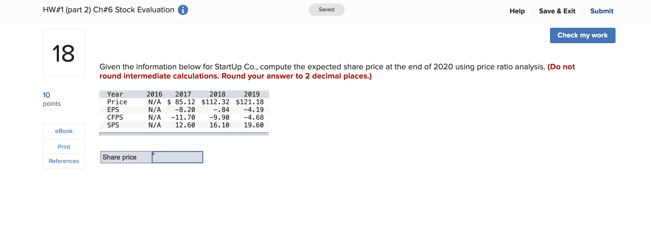 HW#1 (part 2) Ch#6 Stock Evaluation i Saved Help Save &