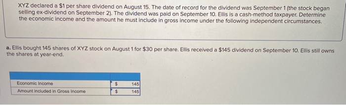  XYZ declared a $1 per share dividend on August 15. The