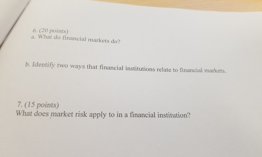 6. (20 points) a. What do financial markets do? b. Identify