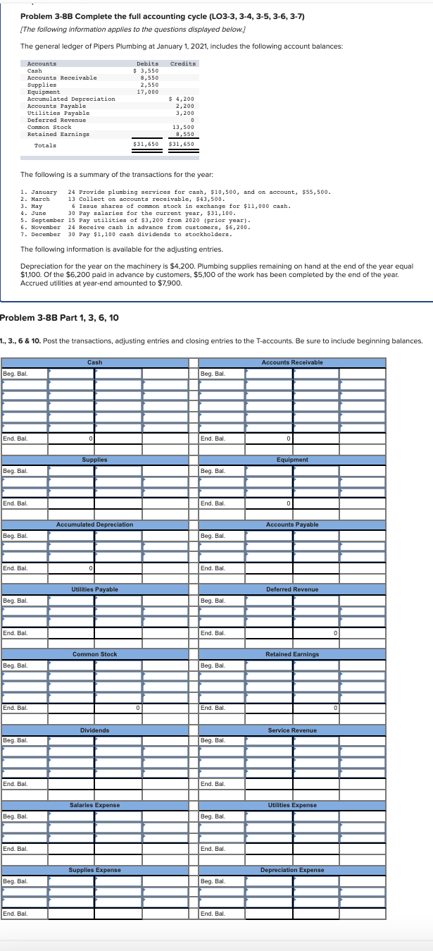 Problem 3-8B Complete the full accounting cycle (LO3-3, 3-4, 3-5, 3-6,