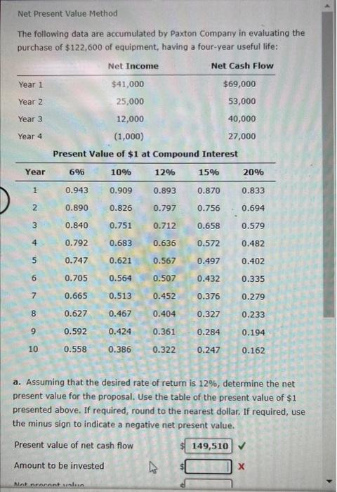  Net Present Value Method The following data are accumulated by Paxton