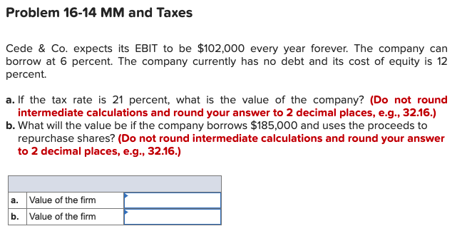 Problem 16-14 MM and Taxes Cede & Co. expects its EBIT