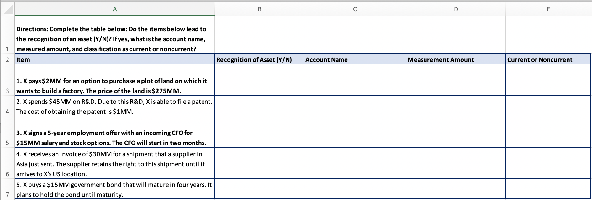 accounting question . B C Directions: Complete the table below: Do the
