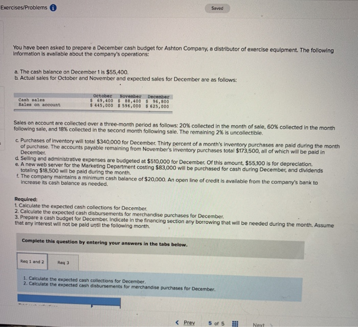  Exercises/Problems Saved You have been asked to prepare a December cash