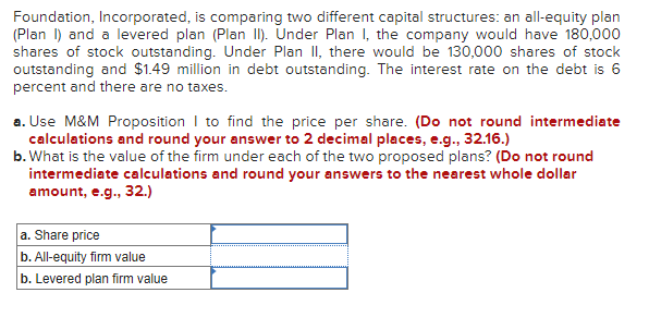  Foundation, Incorporated, is comparing two different capital structures: an all-equity plan