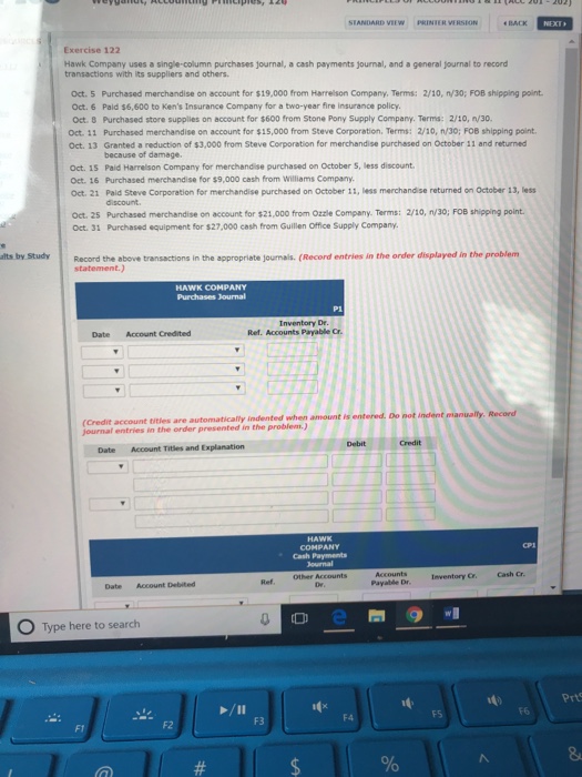  W PRINTER VERSEON BACK Exercise 122 Hawk Company uses a single-column