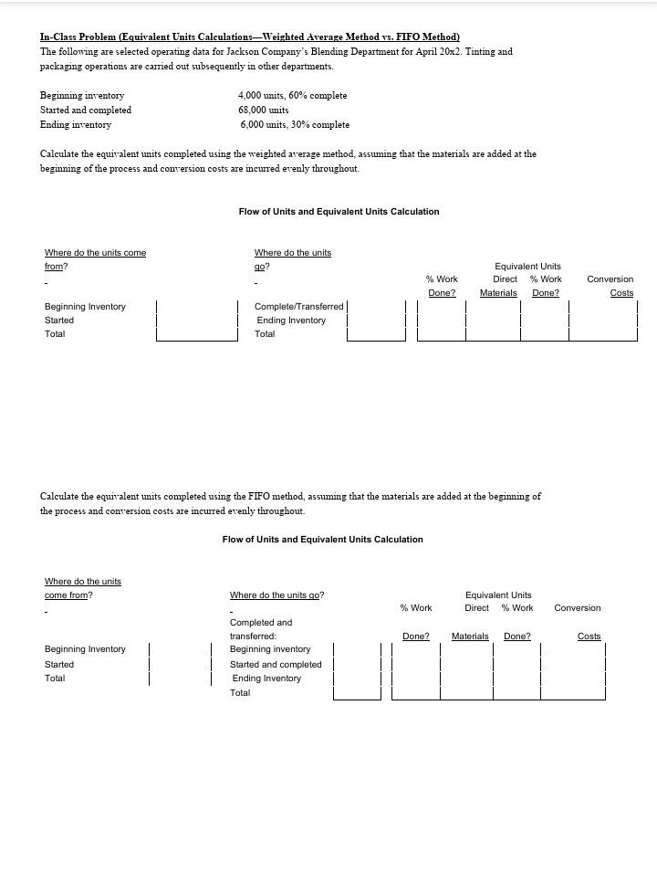  In-Class Problem (Equivalent Units Calculations-Weighted stverage Method vs. FIFO Method) The
