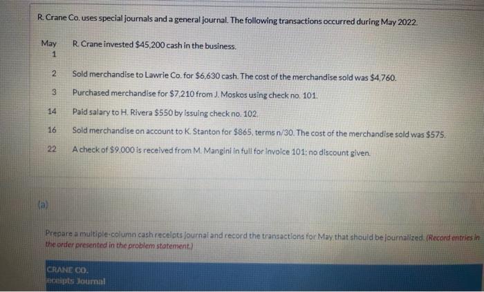 Please answer part A & B clearly R. Crane Co. uses special