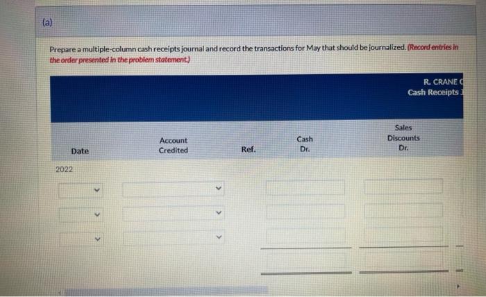 journals and a general journal. The following transactions occurred during May 2022.