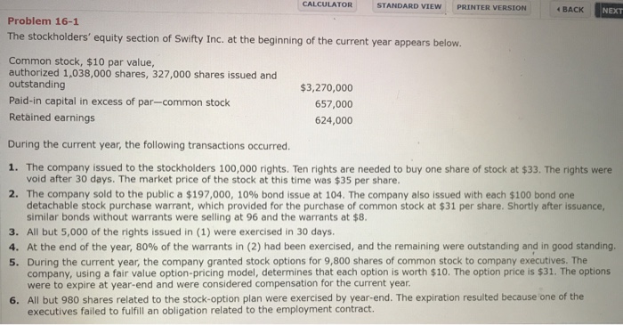  Intermediate Accounting 2 CALCULATOR STANDARD VIEW PRINTER VERSION BACK NEXT Problem