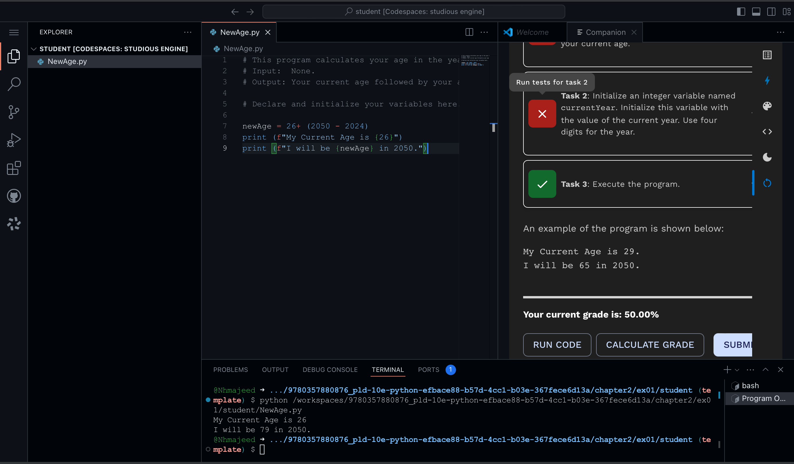  EXPLORER STUDENT [CODESPACES: STUDIOUS ENGINE] NewAge.py Task 1 and 2 are