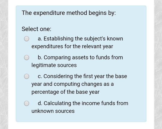 The expenditure method begins by: Select one: O a. Establishing the