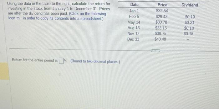  Using the data in the table to the right, calculate the