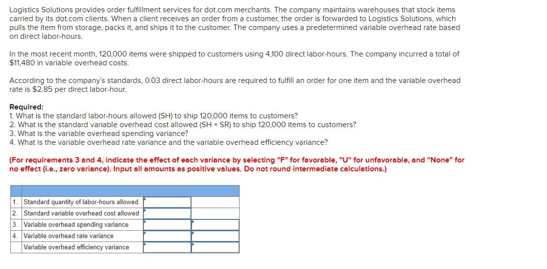  Logistics Solutions provides order fulfillment services for dot.com merchants. The company