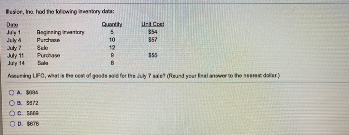  Illusion, Inc. had the following inventory data: Quantity Unit Cost $54