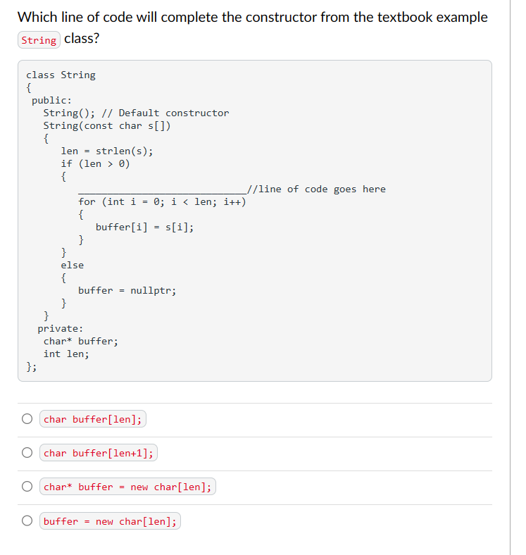 Which line of code will complete the constructor from the textbook