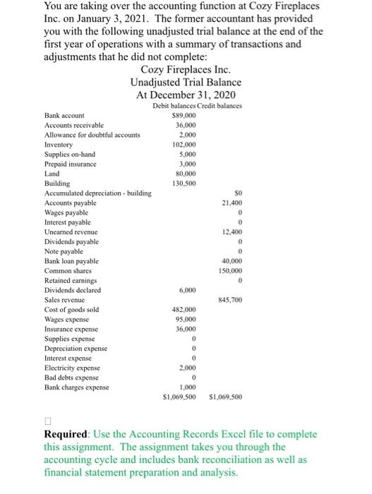  You are taking over the accounting function at Cozy Fireplaces Inc.