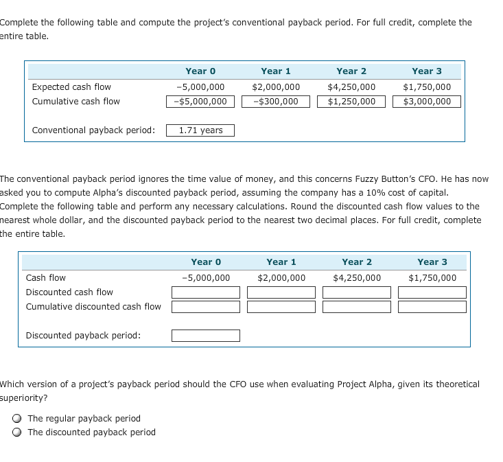  Complete the following table and compute the project's conventional payback period.
