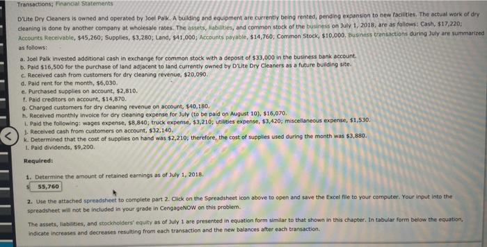  Please create the financiel statements by creating a spreadsheet thanks. Transactions,