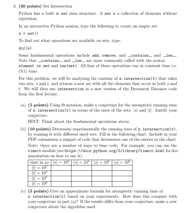 3. (30 points) Set Intersection Python has a built in set