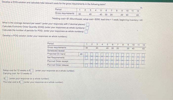  Dovelop a EOQ solution and calculate total rolevant costs for the