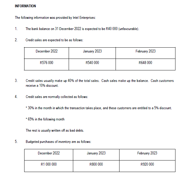 Question 4 Use the information provided below to prepare the following for
