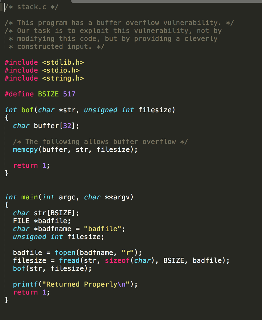 address in the stack to which control should go when bof.() returns;