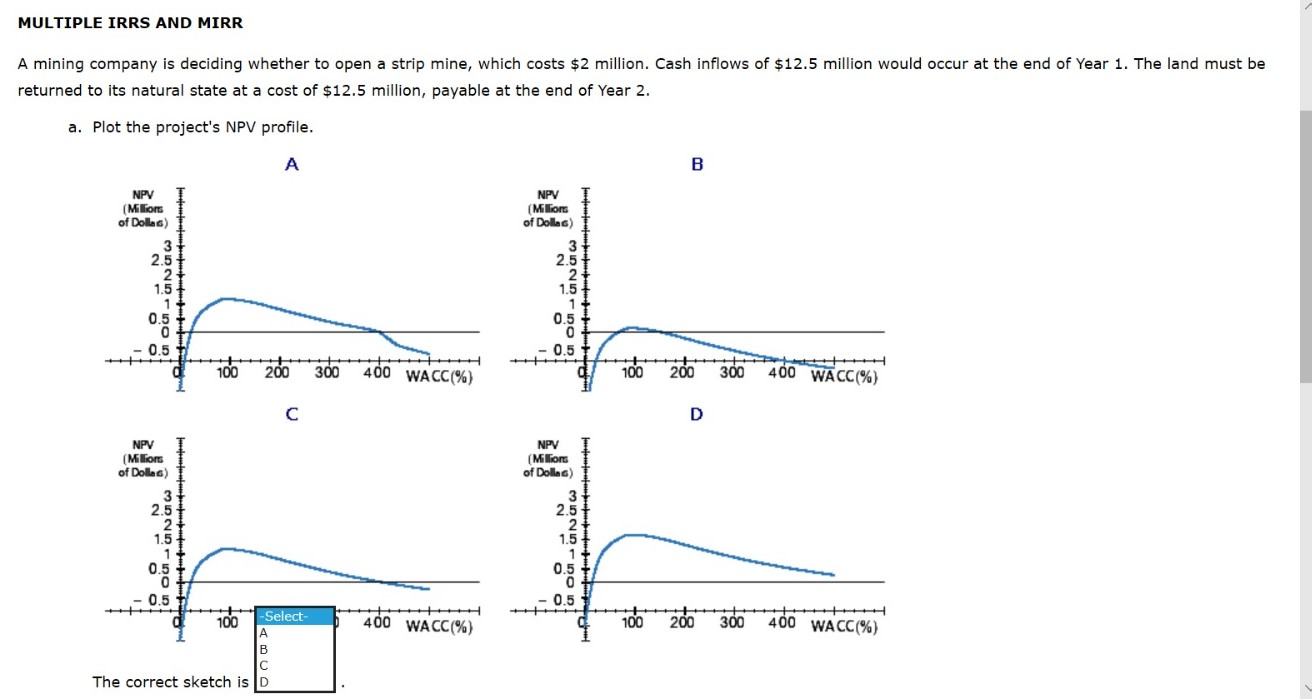  MULTIPLE IRRS AND MIRR A mining company is deciding whether to