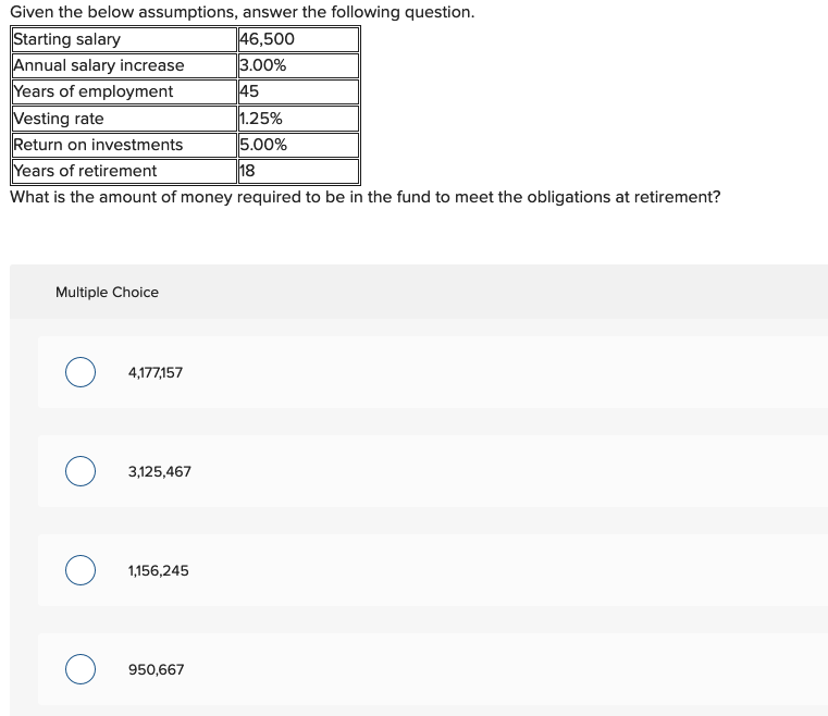  Given the below assumptions, answer the following question. Starting salary 46,500
