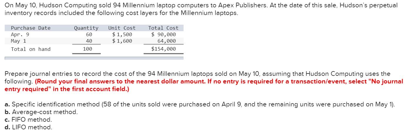  On May 10, Hudson Computing sold 94 Millennium laptop computers to