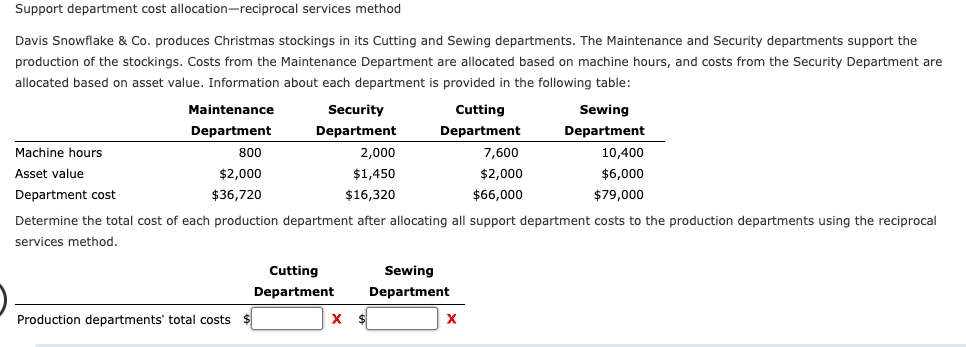  Support department cost allocation-reciprocal services method Davis Snowflake \& Co. produces