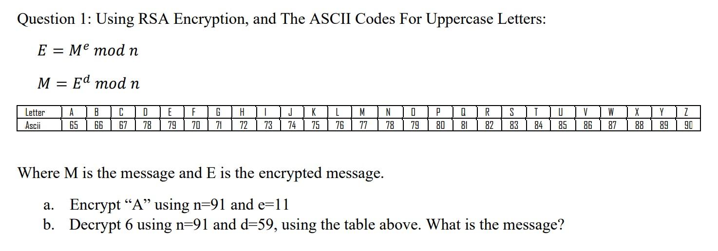 Help needed ! Thanx Question 1: Using RSA Encryption, and The ASCII
