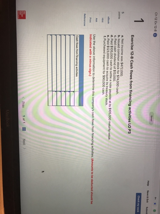 excercise 12-8 cash flows from financing activities lo p3 