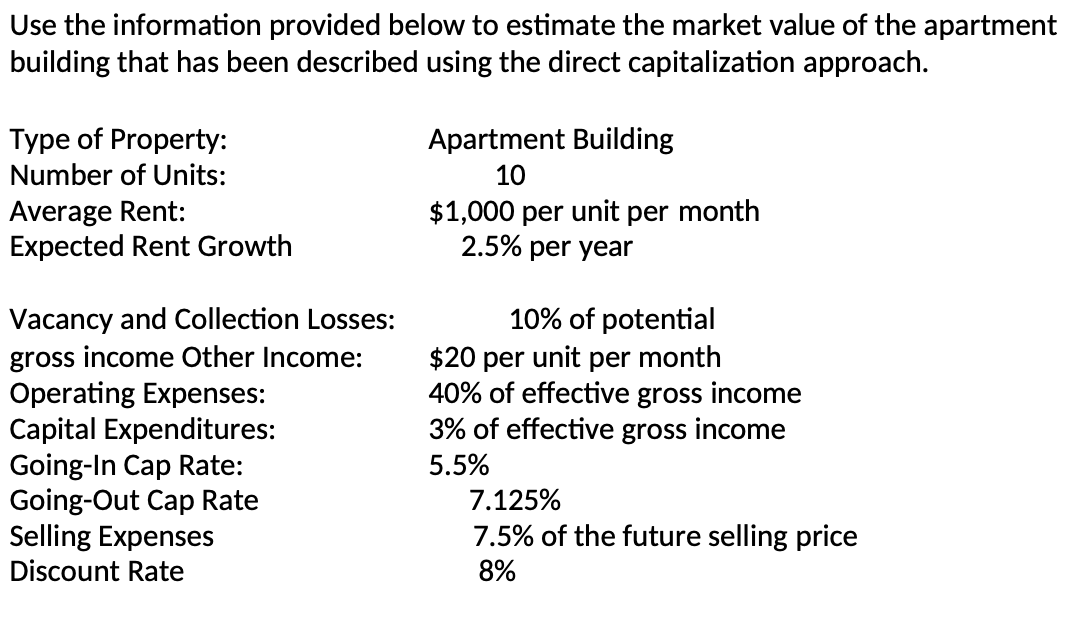  Use the information provided below to estimate the market value of