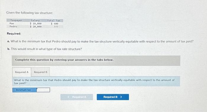 please solve for A Given the following tax structure: Required: o. What