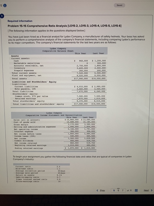  2 0 Required information Problem 15-15 Comprehensive Ratio Analysis [LO 15-2,