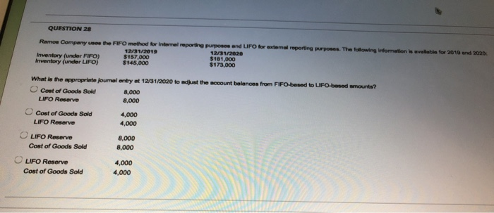  QUESTION 28 Ramoe Company use the FIFO method for Internal reporting
