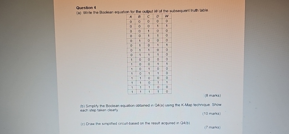  Question 4 (a) Write the Boolean equation for the output W