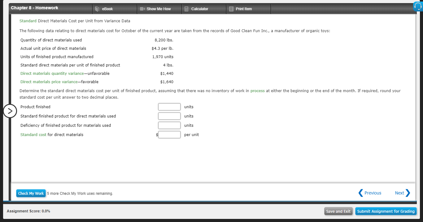 Chapter 8 - Homework eBook Show Me How Calculator Print Item