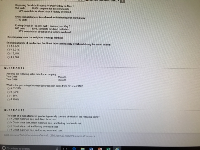  Beginning Goods in Process (WIP) Inventory on May 1: 950 units